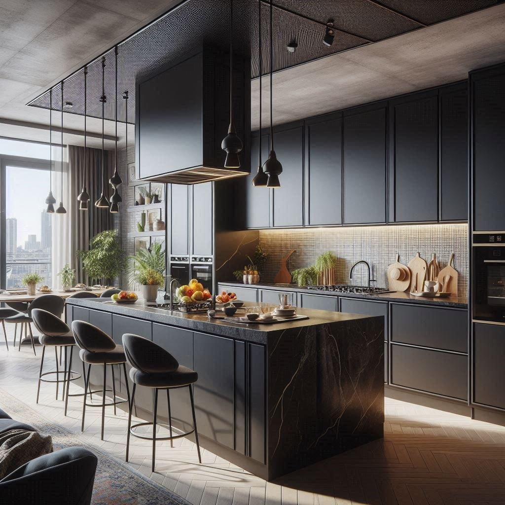 Cocina moderna con isla central y electrodomésticos integrados